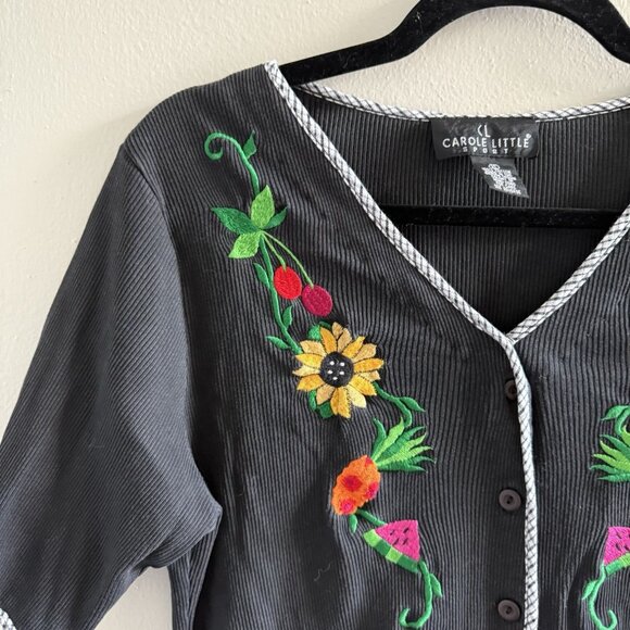 VTG 80s 90s Fruit Sunflower Cherry Embroidered Ribbed Top L/XL Button Front - Picture 4 of 8